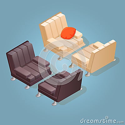 Isometric cartoon armchair icon isolated on blue. Vector Illustration