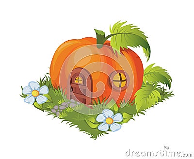 Isometric Cartoon Fantasy Pumpkin Village House Decorated with Flowers - Elements for Tileset Map Vector Illustration