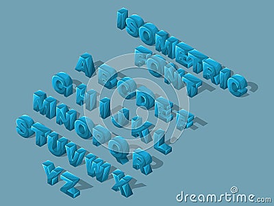 Isometric cartoon font, 3D letters, bright large set of blue letters of the English alphabet to create vector illustrations Vector Illustration