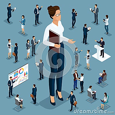 Isometric cartoon people, 3d businessman big man small workers and subordinates, female director for vector illustrations Vector Illustration