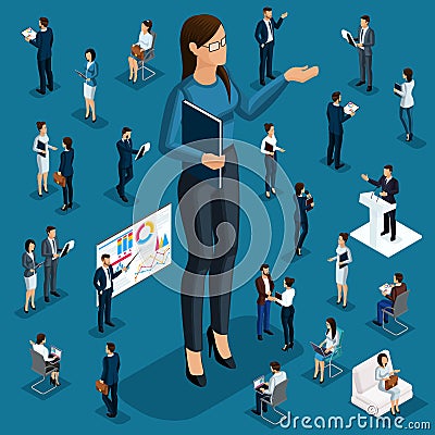Isometric cartoon people, 3d businessmen big director woman small workers and subordinates for vector illustrations Vector Illustration