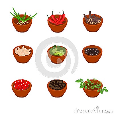 Isometric and cartoon style flavorful spices, condiments icon. Vector illustration. White background. Vector Illustration