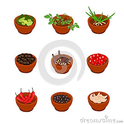 Isometric and cartoon style flavorful spices, condiments icon. Vector illustration. White background. Vector Illustration