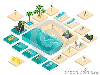 Isometric cartoon vector people, 3d girl in swimsuit, set for creating her beach with beautiful sea waves bright summer Vector Illustration