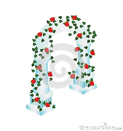 Isometric Cartoon Wedding Ceremony Arch Dome Decorated with Red Roses and Green Leaves Vector Illustration