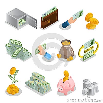 Isometric Cash Icons Set Vector Illustration