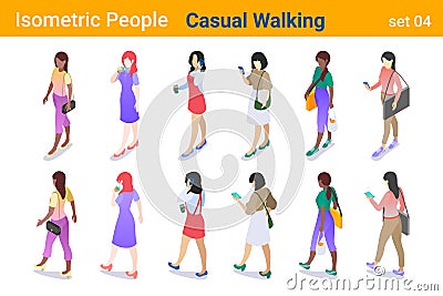 Isometric Casual People flat vector collection. Woman Girl walking and talking or looking on Mobile phone back and front poses Vector Illustration