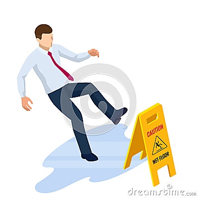 Isometric caution wet floor sign isolated on white background. The man slipped on the wet floor. Vector Illustration