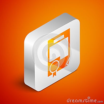 Isometric Certificate template icon isolated on orange background. Achievement, award, degree, grant, diploma. Business Vector Illustration