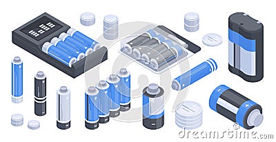 Isometric charged batteries. Alkaline accumulators, power electricity elements flat vector illustration on white background Vector Illustration