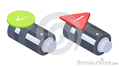 Isometric charged and dead battery. Alkaline metallic accumulators with green and red indicators, power electricity elements flat Vector Illustration