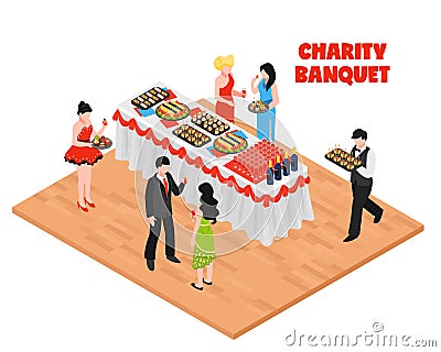 Isometric Charity Banquet Background Vector Illustration