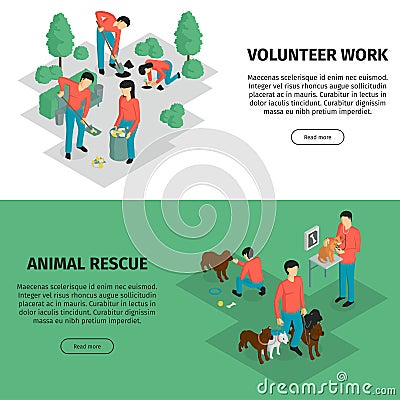 Isometric Charity Horizontal Banners Vector Illustration