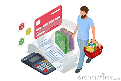 Isometric checking a grocery receipt, grocery shopping and expenses concept. Grocery supermarket, food and eats online Vector Illustration