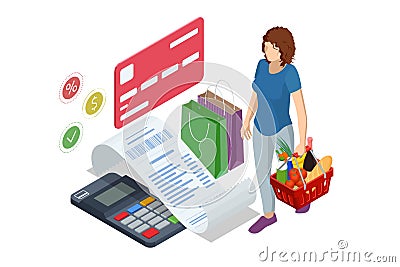 Isometric checking a grocery receipt, grocery shopping and expenses concept. Grocery supermarket, food and eats online Vector Illustration