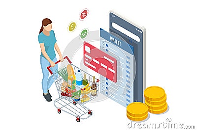 Isometric checking a grocery receipt, grocery shopping and expenses concept. Grocery supermarket, food and eats online Vector Illustration