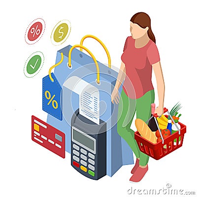 Isometric checking a grocery receipt, grocery shopping and expenses concept. Grocery supermarket, food and eats online Vector Illustration