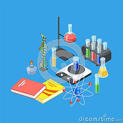 Isometric chemistry equipment. Vector test tubes and beakers, atom and dna model Vector Illustration