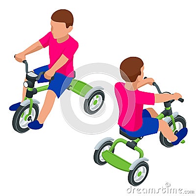 Isometric Children`s tricycle isolated on white background. Baby balance bike. Vector Illustration