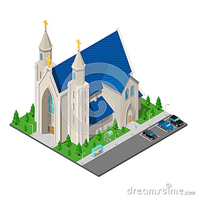 Isometric Christian Catholic Church Building Vector Illustration