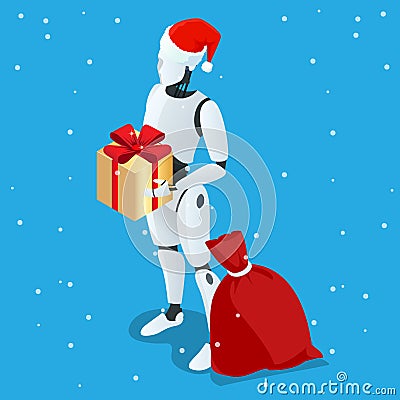 Isometric Christmas robot, Santa Drone Fast Delivery of goods in the city. Technological shipment innovation concept Vector Illustration