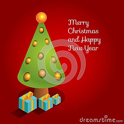 Isometric christmas tree red card Vector Illustration