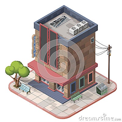 Isometric cinema building Cartoon Illustration