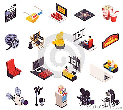 Isometric Cinema Icon Set Vector Illustration