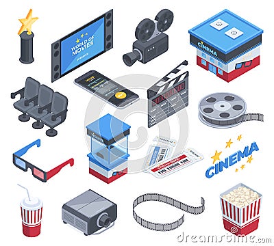 Isometric cinema, movie theatre, tickets, 3d eyeglasses and popcorn. Cinema chairs, soda, film and projector 3D vector Vector Illustration