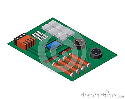 Isometric circuit board with electronic components. Computer chip technology processor circuit and computer motherboard Vector Illustration