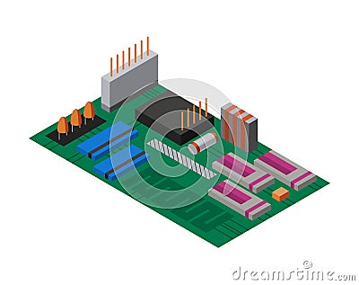 Isometric circuit board with electronic components. Computer chip technology processor circuit and computer motherboard Vector Illustration
