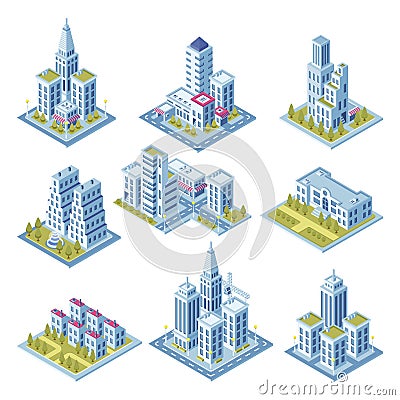 Isometric city architecture, cityscape building, landscape garden and office skyscraper. Buildings for 3d street map Vector Illustration