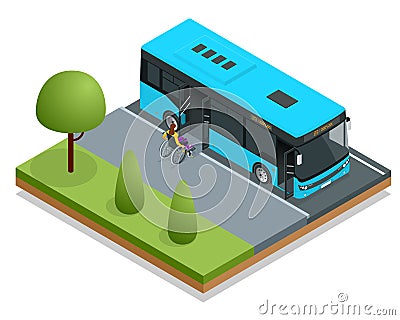 Isometric City Bus at a bus stop. Woman in a wheelchair leaves the bus. Access ramp for disabled persons and babies in a Vector Illustration