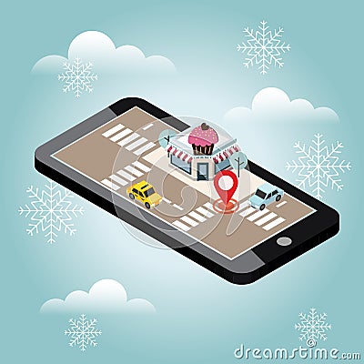 Isometric city. Cafe or restraunt. Snow winter day. Waiting for a Christmas and New Year. Food delivering. Mobile Vector Illustration