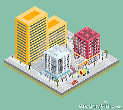 Isometric city center map with buildings, shops Vector Illustration