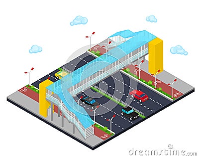 Isometric City. City Road with Pedestrian Bridge and Bicycle Path Vector Illustration