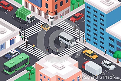 Isometric city crossroad with cars, road intersection traffic jam. Urban downtown street with transport and people Vector Illustration