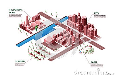 Isometric city. 3D business map with districts zone. Modern buildings and highways. Streets and plants. Suburb houses Cartoon Illustration