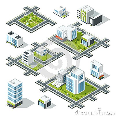 Isometric city 3d vector illustration with office buildings, skyscrapers. Trees and bushes on the street Vector Illustration