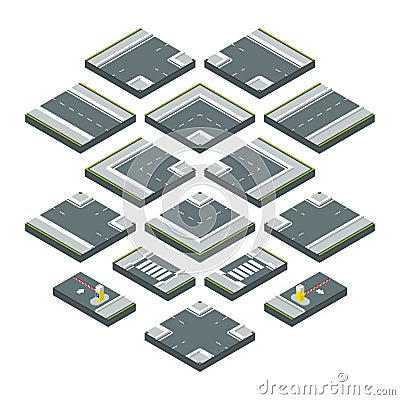 Isometric city elements road, grass and crossroads. Vector illustrations set isolate on white background Vector Illustration