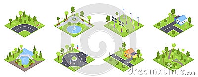 Isometric city environment elements. Urban city park, office buildings, park gardening, street roads and road signs 3d vector Vector Illustration