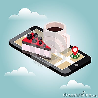 Isometric city. Food delivering. Mobile searching. Coffee and cake. Geo tracking. Map.Isometric city. Food delivering. Vector Illustration