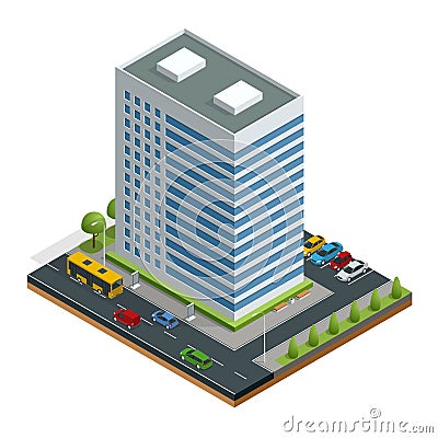 Isometric city houses composition with building and road isolated vector illustration. Collection of urban elements Vector Illustration
