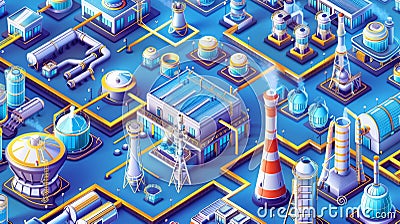 Isometric city infrastructure, megalopolis industrial and urban architecture buildings, fuel station, plant, spaceport Cartoon Illustration