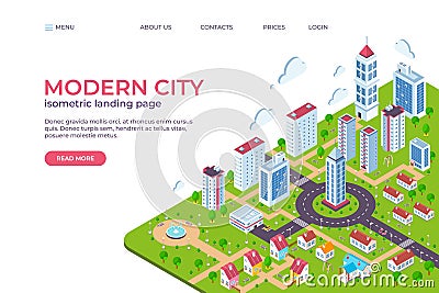 Isometric city landing page. 3D smart city concept with skyscrapers, business centers, streets and cars. Vector web page Vector Illustration