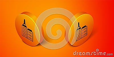 Isometric City landscape icon isolated on orange background. Metropolis architecture panoramic landscape. Orange circle Vector Illustration