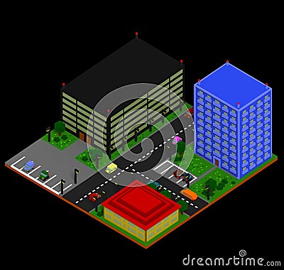 Isometric city landscape in retro voxel style Stock Photo