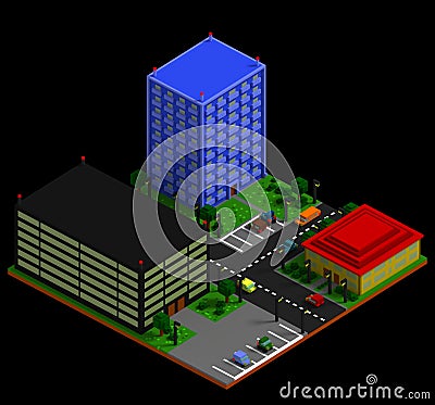 Isometric city landscape in retro voxel style Stock Photo