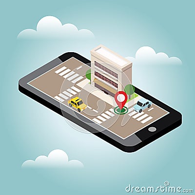 Isometric city. Mobile geo tracking. Map. City building and traffic. Geo positioning. Navigator Vector Illustration