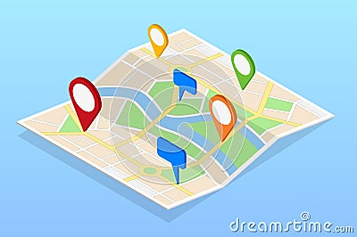 Isometric City navigation map with pins or gps map, cityscape. Vector illustration Vector Illustration